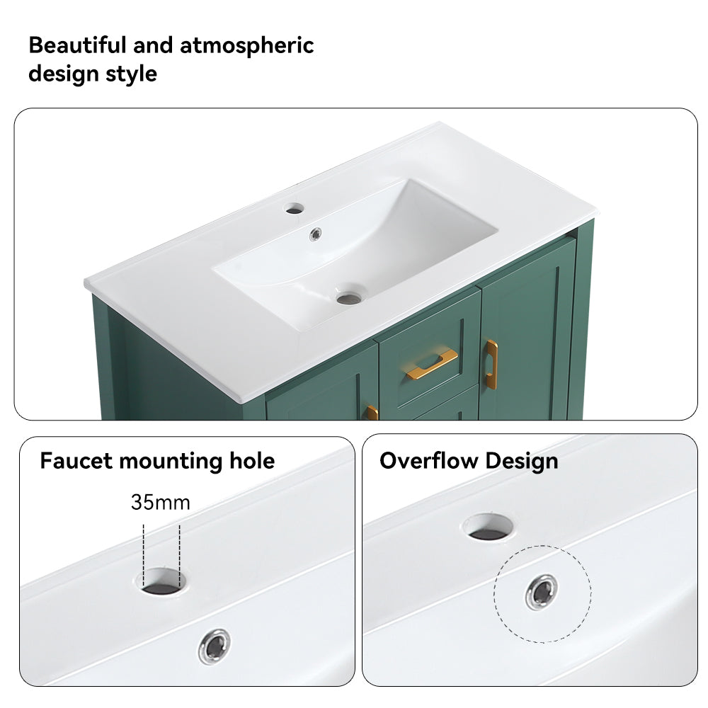 36"Green Bathroom Vanity with Single Sink, Combo Cabinet Undermount Sink, Bathroom Storage Cabinet with 2 Doors and 2 Drawer, Soft Closing, Multifunctional Storage