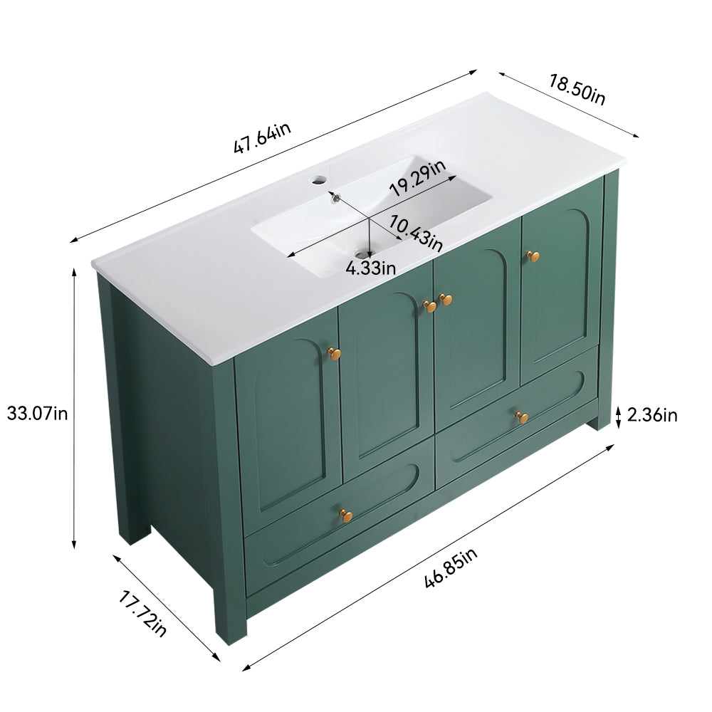 48" Green Bathroom Vanity with Ceramic Sink Combo, Abundant Storage Cabinet -4 Soft close doors and 2drawers