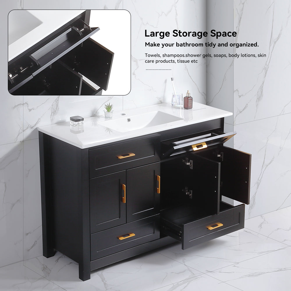 48" Black Bathroom Vanity with Ceramic Sink Combo, Abundant Storage Cabinet -4 Soft close doors and 4 drawers
