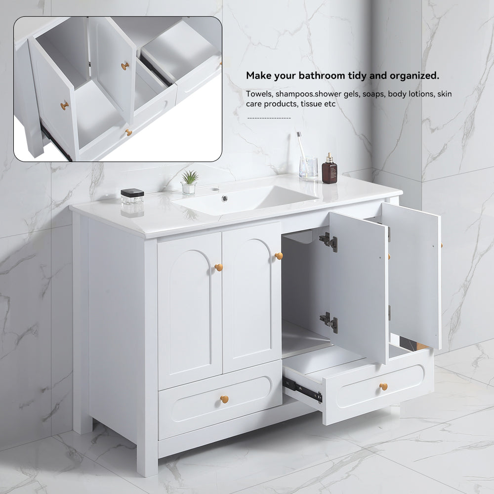 48" White Bathroom Vanity with Ceramic Sink Combo, Abundant Storage Cabinet -4 Soft close doors and 2 drawers