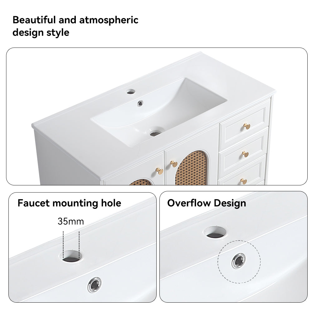 36" Bathroom Vanity with Ceramic Basin, Rattan Bathroom Storage Cabinet with Two Doors and Drawer