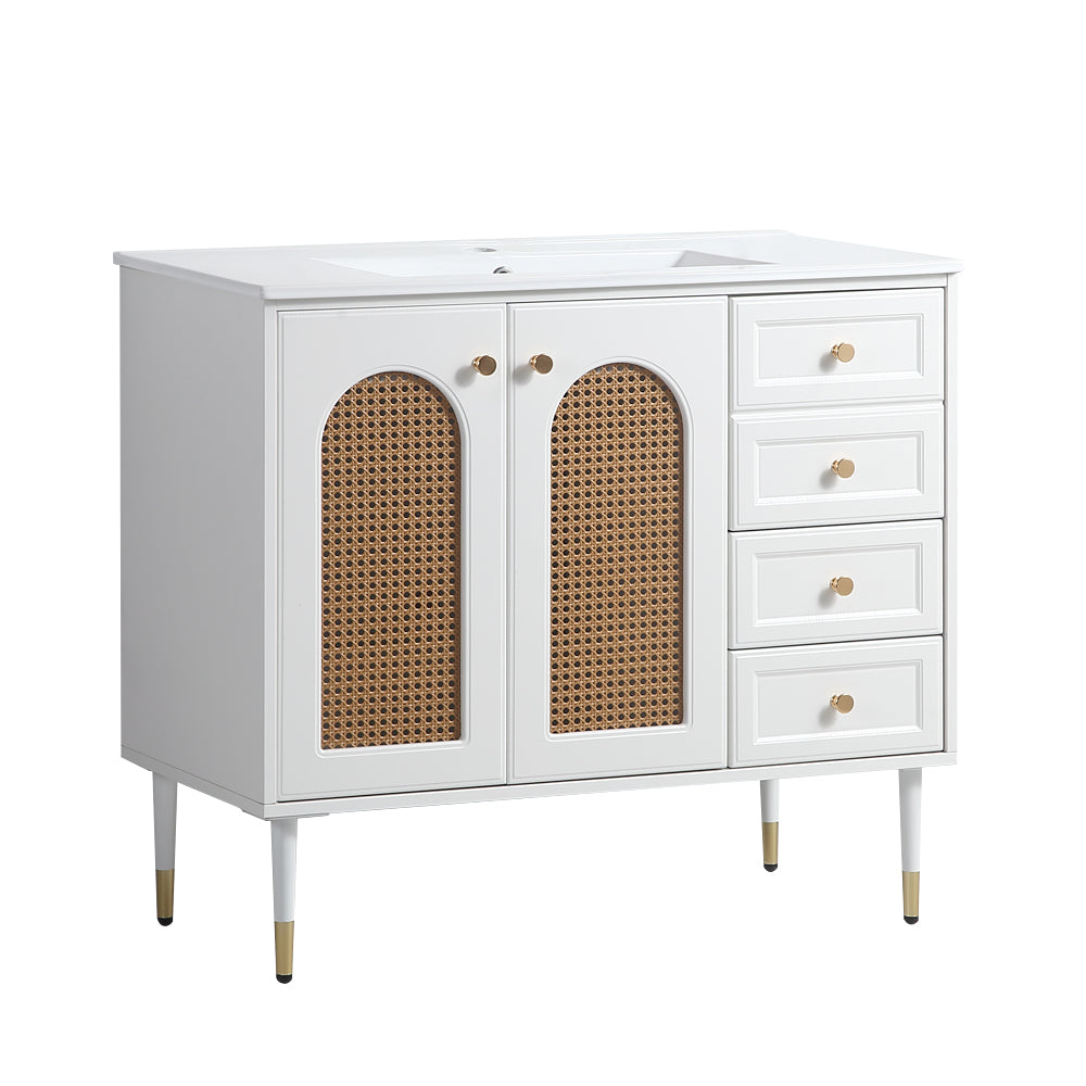36" Bathroom Vanity with Ceramic Basin, Rattan Bathroom Storage Cabinet with Two Doors and Drawer