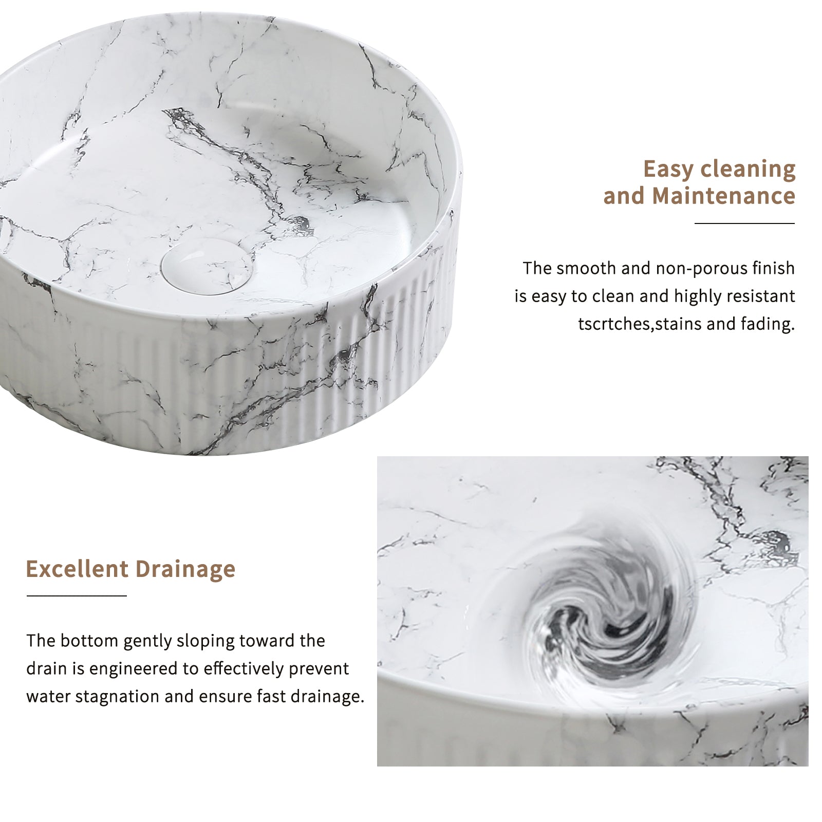 KPUY 15" Round Vessel Sink Set with Faucet & Drain | Black & White Marble Ceramic