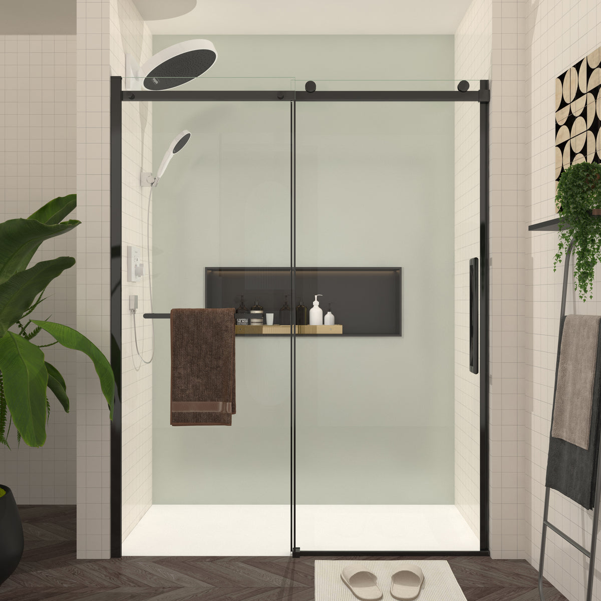 S-RM6076TB 56-60"W x 76"H Sliding Shower Door, 8mm Frameless Glass Shower Door with Matte Black Hardware, Towel Bar and Handle