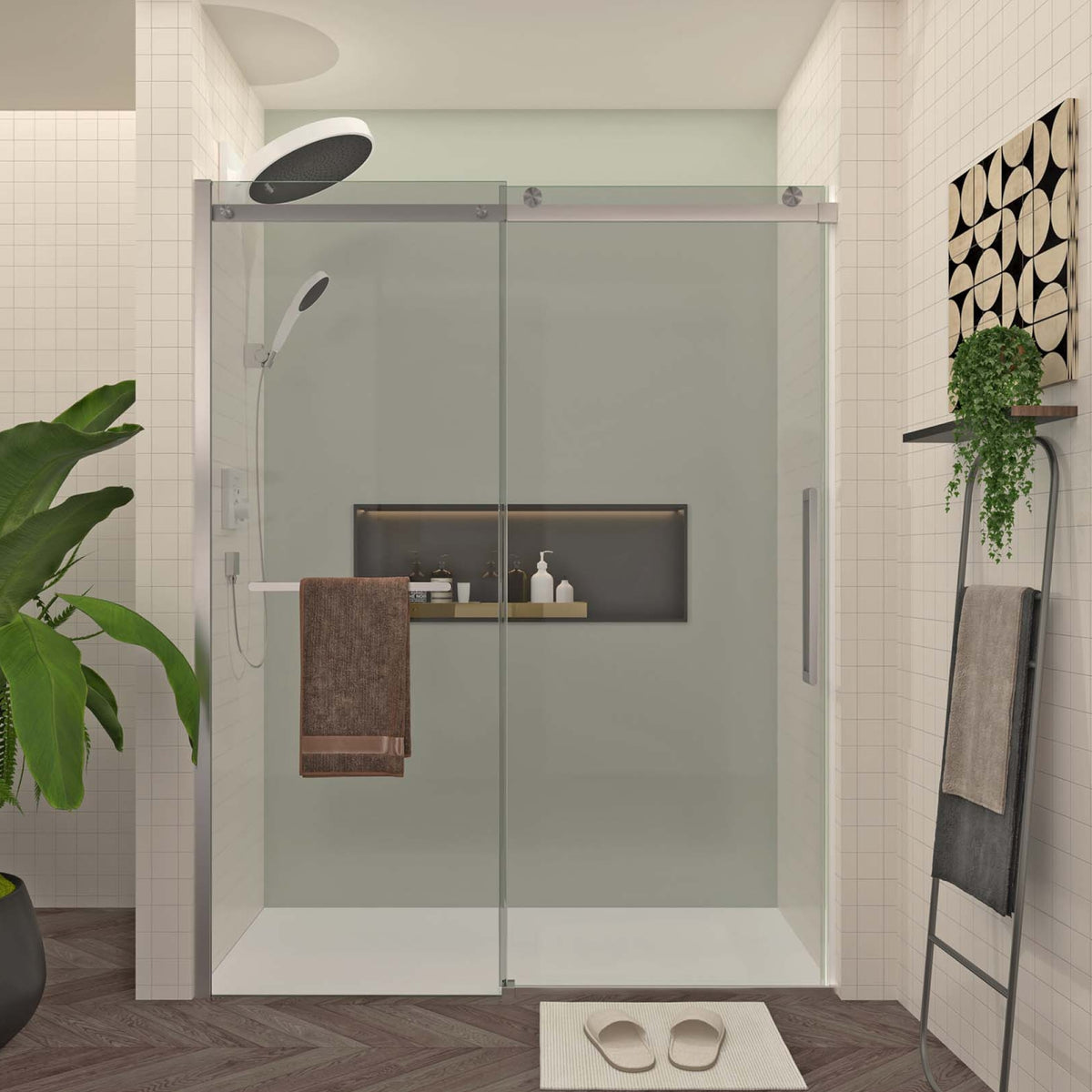 S-RM6076TN 56-60"W x 76"H Sliding Shower Door, Frameless Glass Shower Door with Brushed Nickel Hardware, Towel Bar and Handle