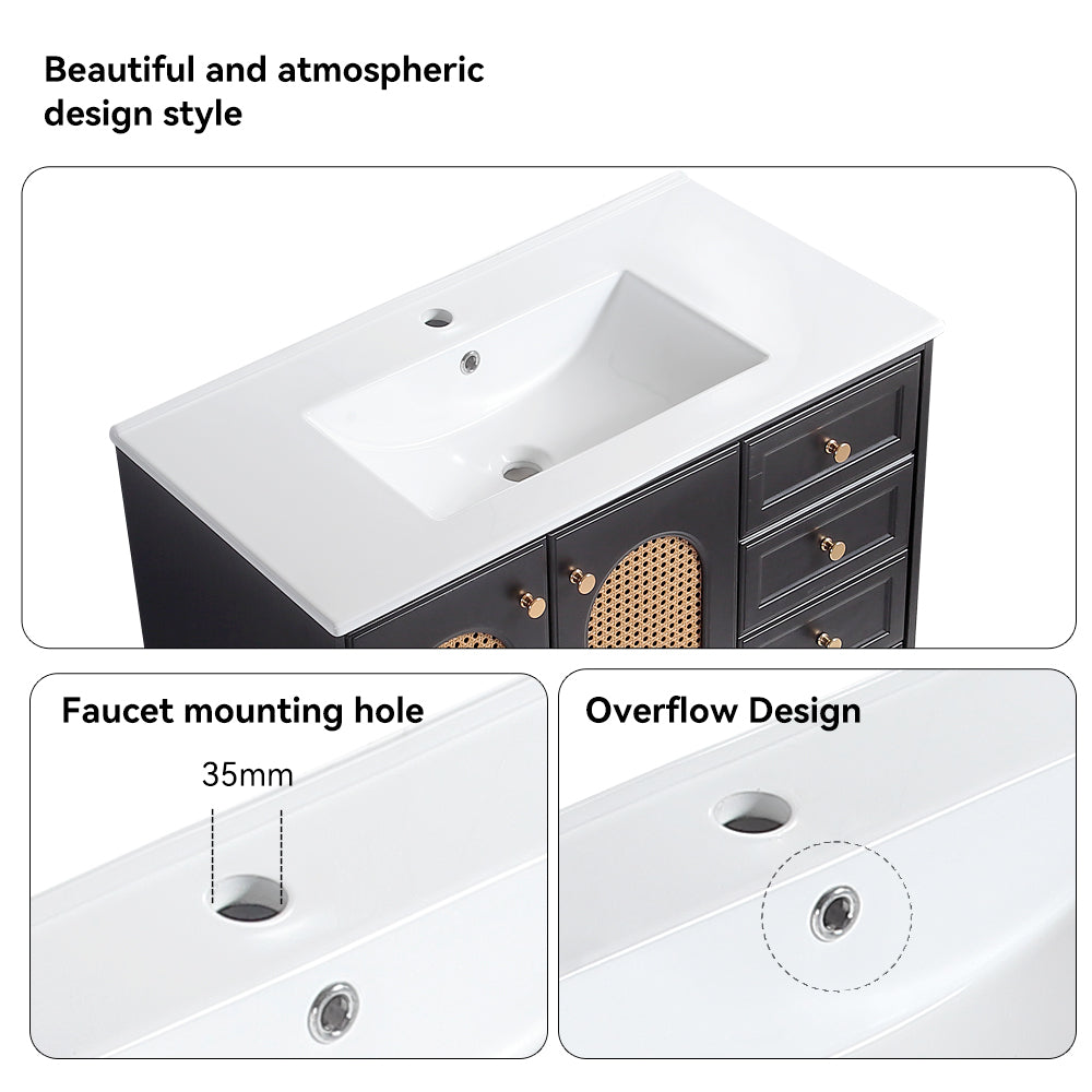 36" Bathroom Vanity with Ceramic Basin, Rattan Bathroom Storage Cabinet with Two Doors and Drawer