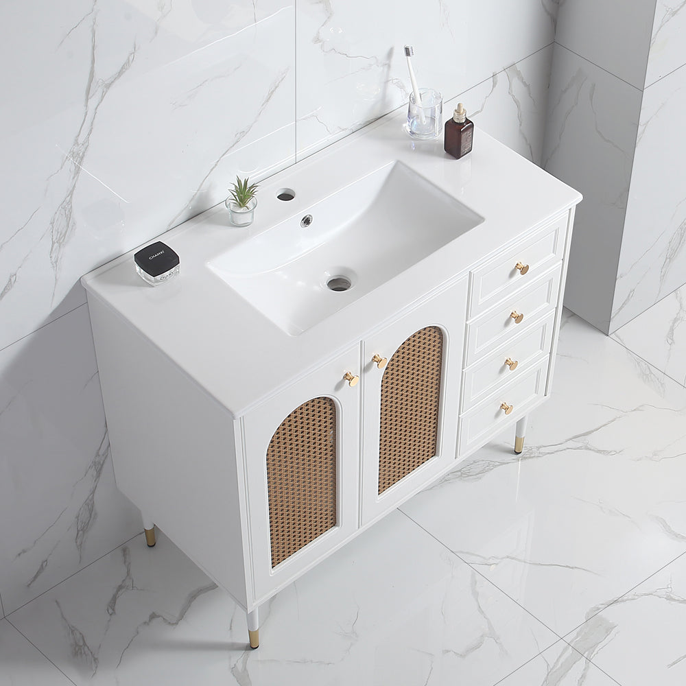 36" Bathroom Vanity with Ceramic Basin, Rattan Bathroom Storage Cabinet with Two Doors and Drawer