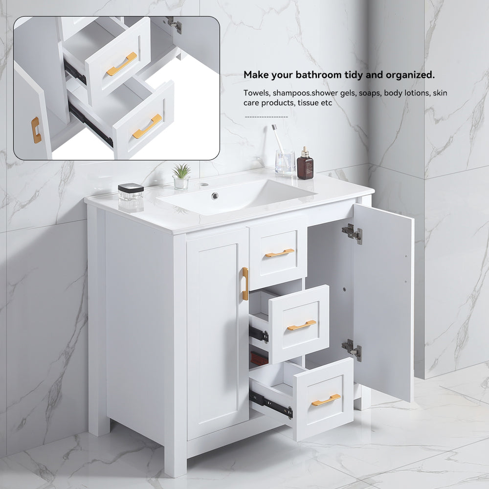 36"White Bathroom Vanity with Single Sink, Combo Cabinet Undermount Sink, Bathroom Storage Cabinet with 2 Doors and 2 Drawer, Soft Closing, Multifunctional Storage