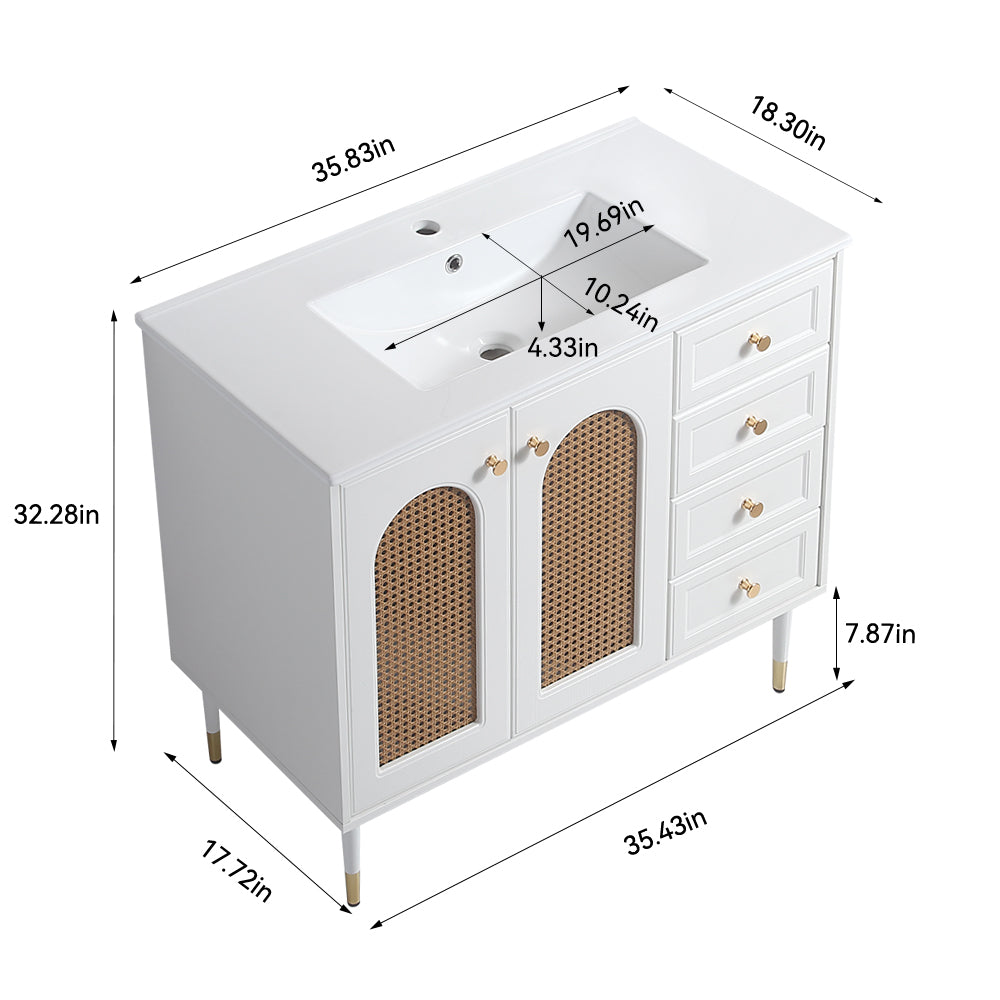 36" Bathroom Vanity with Ceramic Basin, Rattan Bathroom Storage Cabinet with Two Doors and Drawer