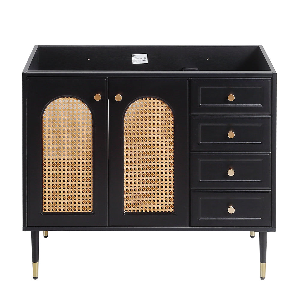 36" Bathroom Vanity with Ceramic Basin, Rattan Bathroom Storage Cabinet with Two Doors and Drawer