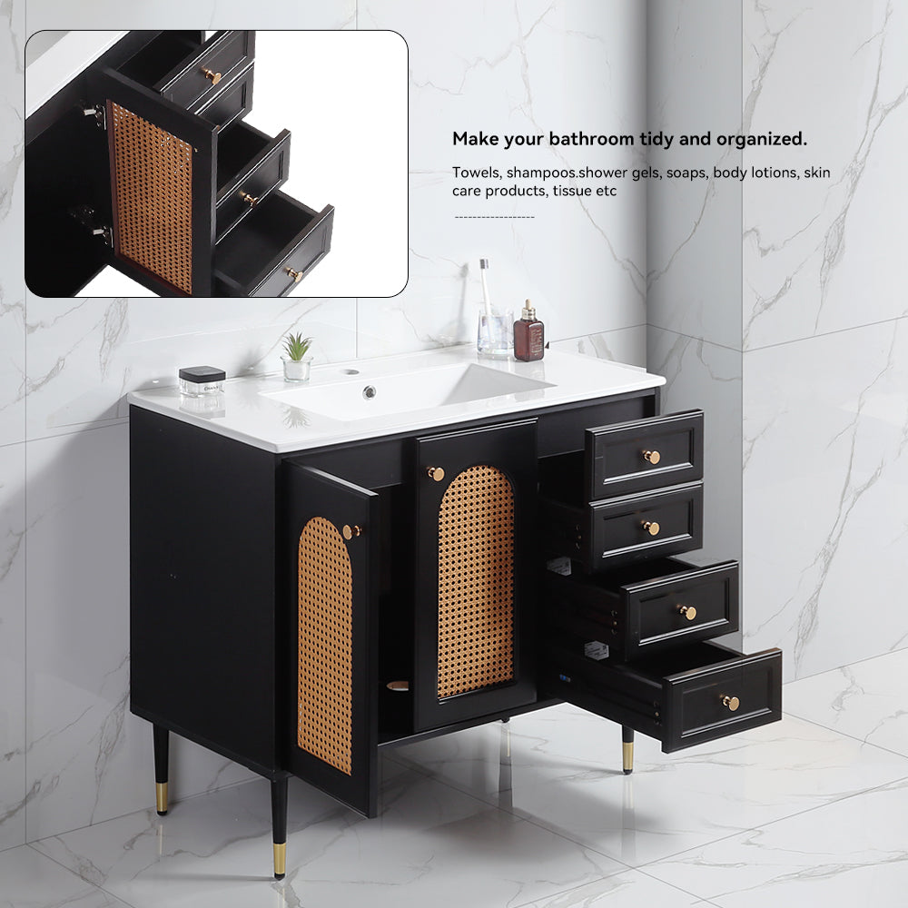 36" Bathroom Vanity with Ceramic Basin, Rattan Bathroom Storage Cabinet with Two Doors and Drawer
