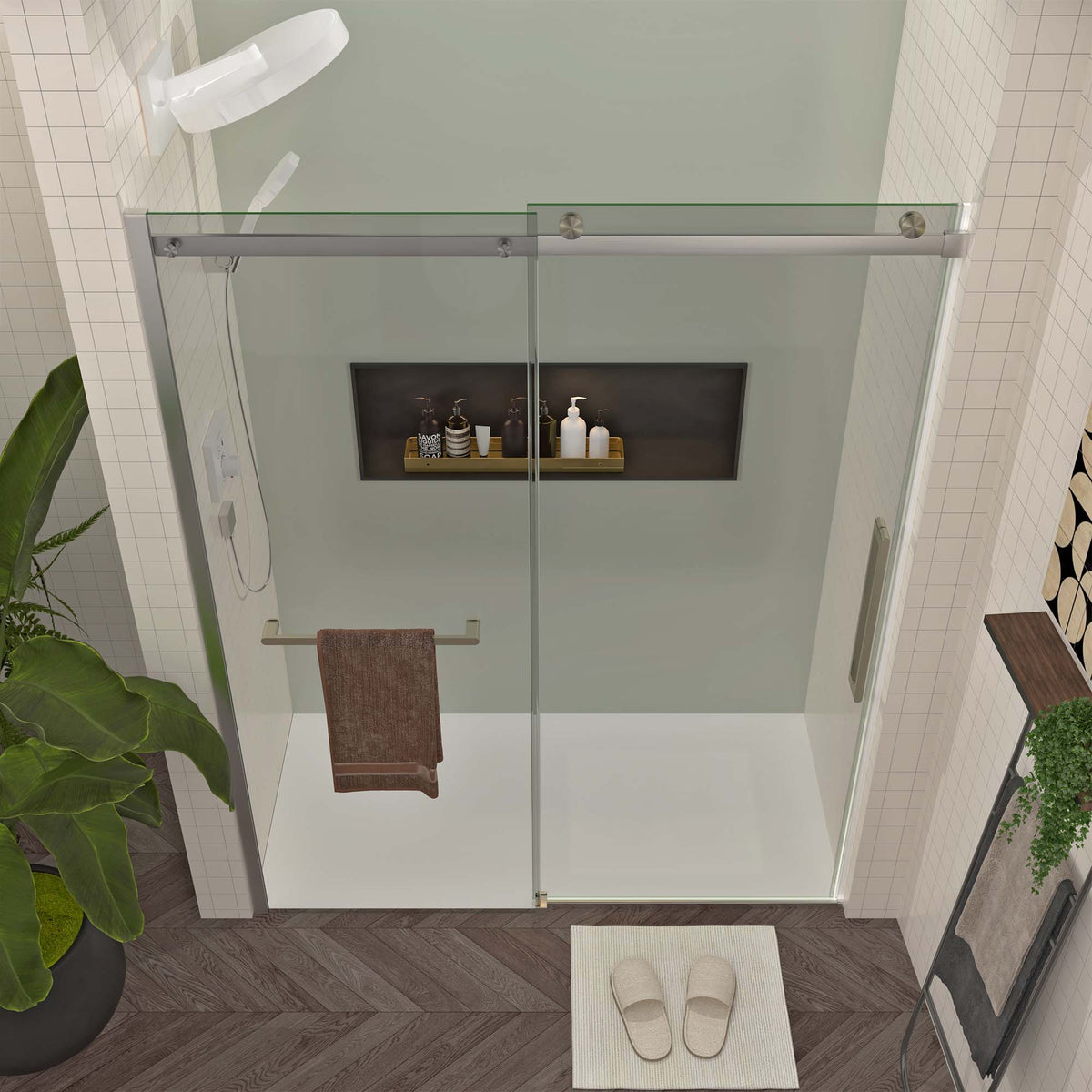 S-RM6076TN 56-60"W x 76"H Sliding Shower Door, Frameless Glass Shower Door with Brushed Nickel Hardware, Towel Bar and Handle