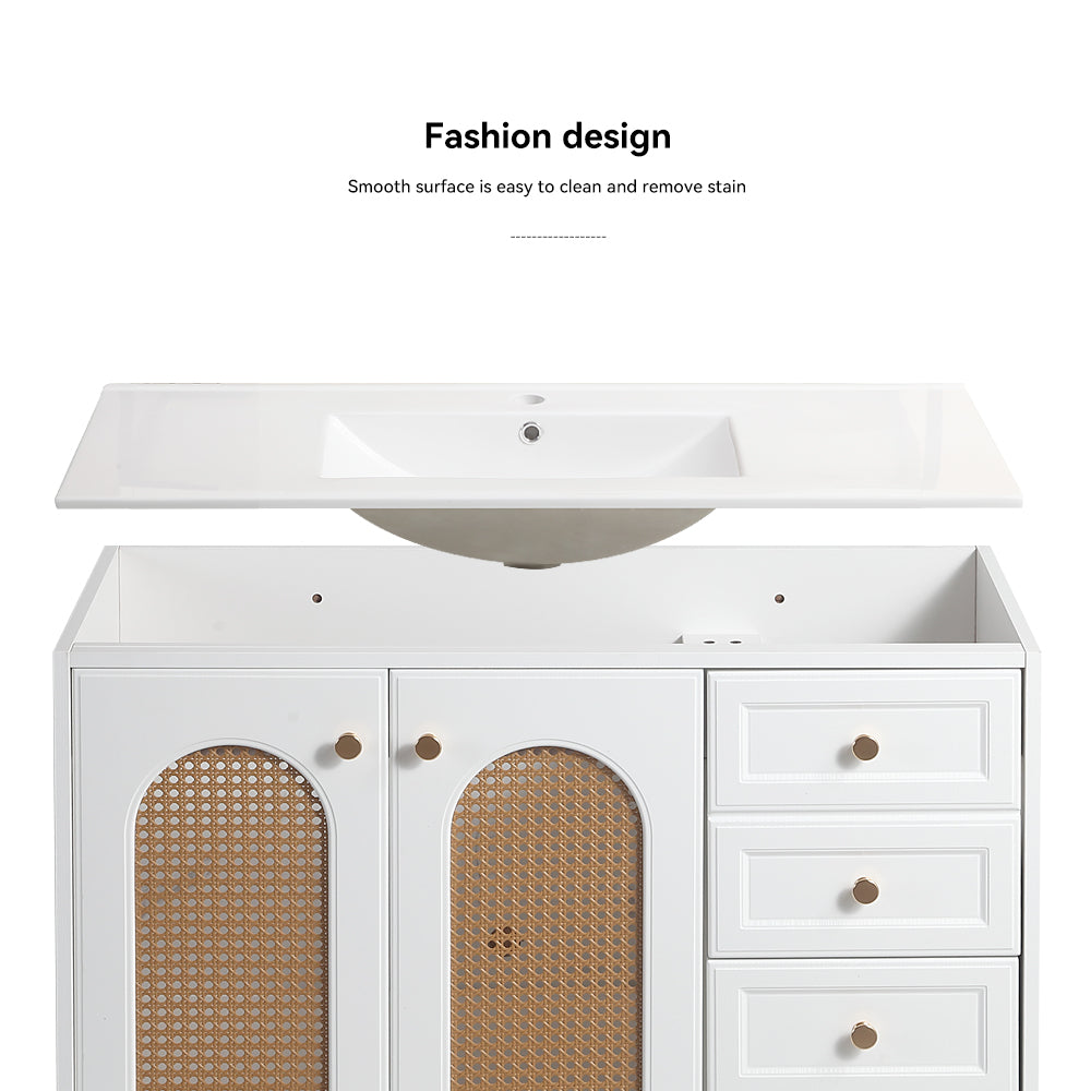 36" Bathroom Vanity with Ceramic Basin, Rattan Bathroom Storage Cabinet with Two Doors and Drawer
