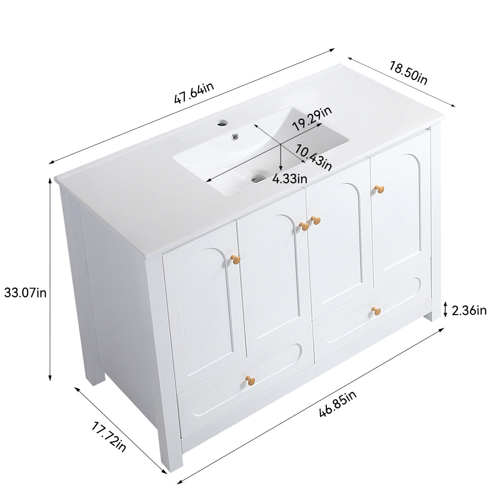 48" White Bathroom Vanity with Ceramic Sink Combo, Abundant Storage Cabinet -4 Soft close doors and 2 drawers