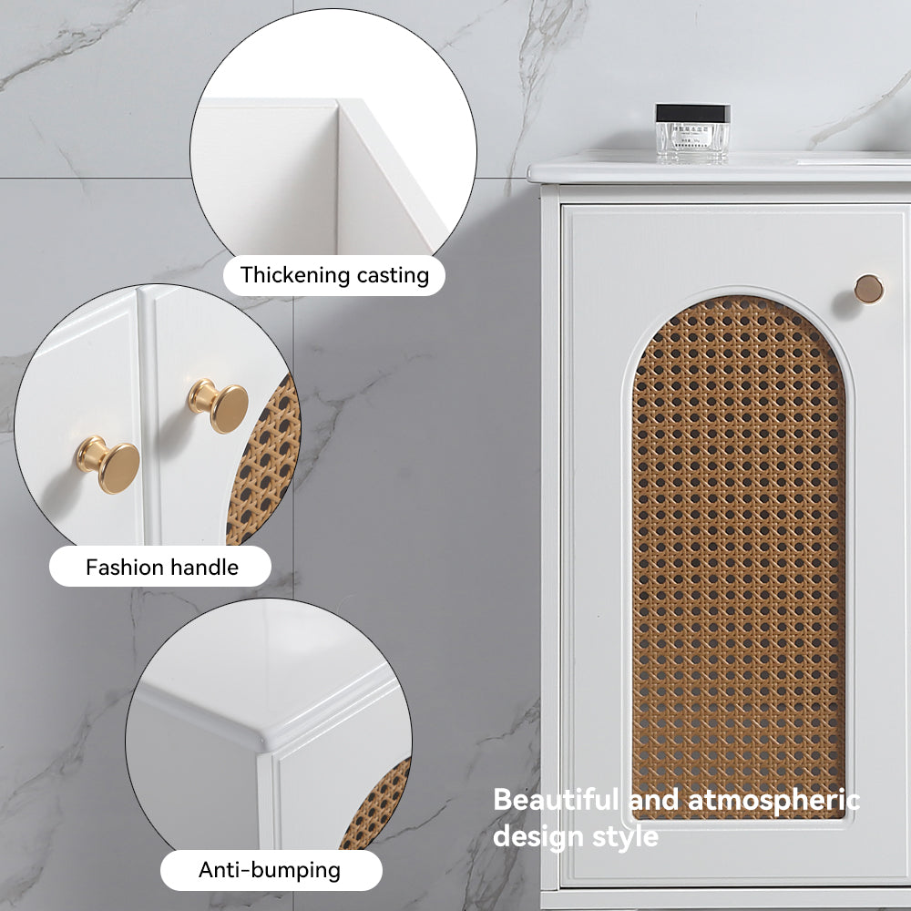 36" Bathroom Vanity with Ceramic Basin, Rattan Bathroom Storage Cabinet with Two Doors and Drawer