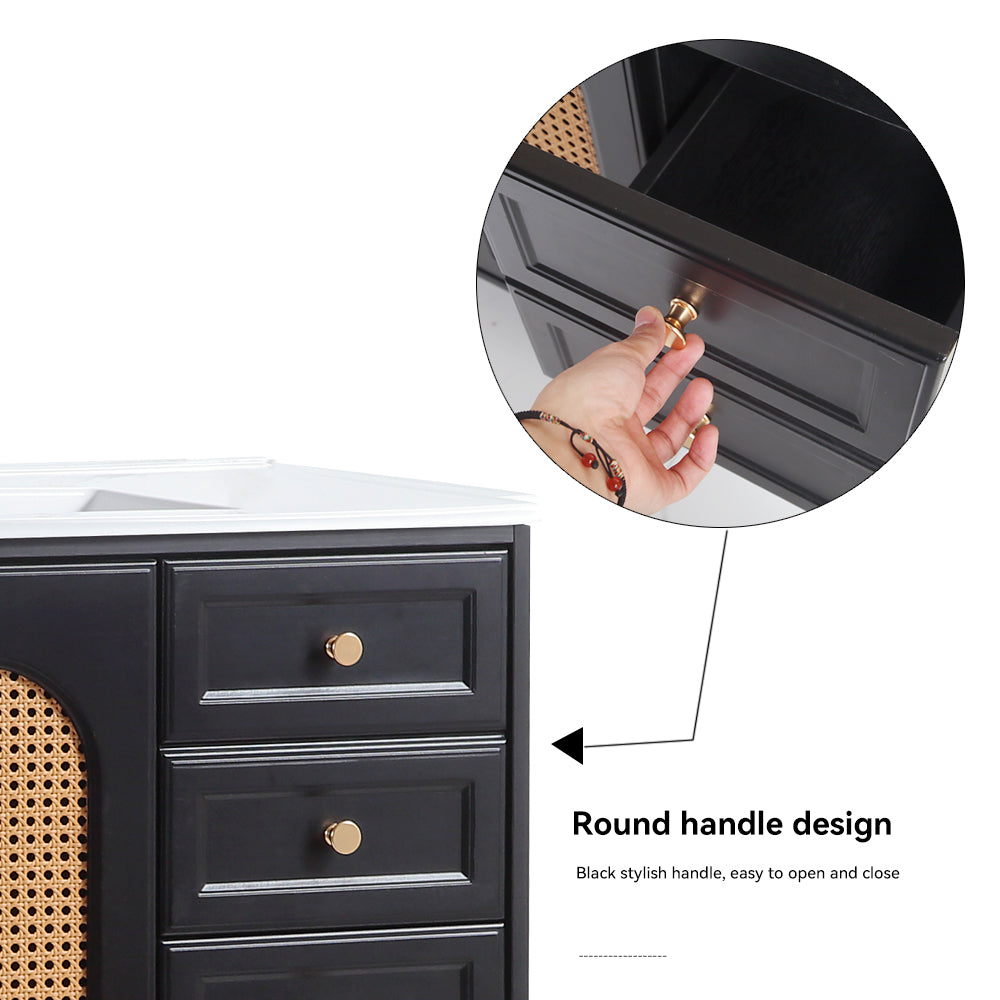 36" Bathroom Vanity with Ceramic Basin, Rattan Bathroom Storage Cabinet with Two Doors and Drawer
