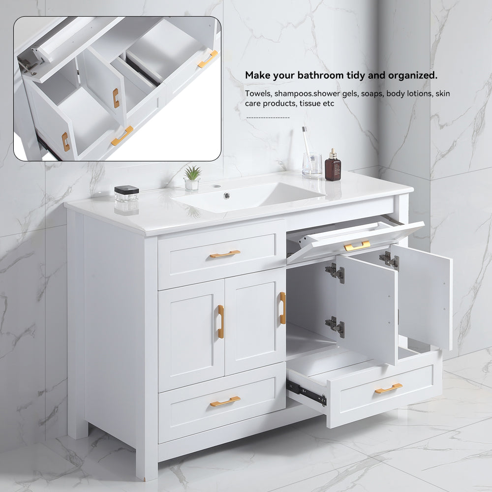 48" White Bathroom Vanity with Ceramic Sink Combo, Abundant Storage Cabinet -4 Soft close doors and 4 drawers