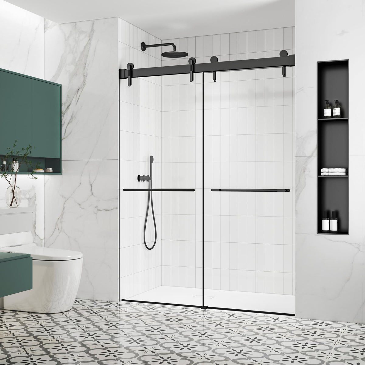 57-60*78 INCH ,Frameless Double Sliding Shower Door (10mm) Thick SGCC Tempered Glass Door ,Glass Door,Shower Door + Aluminum Alloy For Bathroom Door--Matte Black