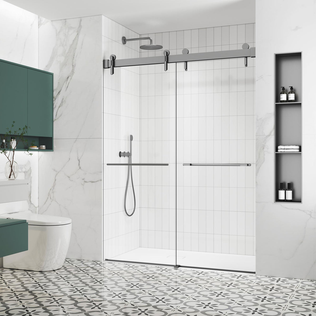 57-60*78 INCH Frameless Double Sliding Shower Door Glass Door,Shower Door ,(10mm) Thick SGCC Tempered Glass Door +Aluminium Alloy For Bathroom Door--Gunmetal