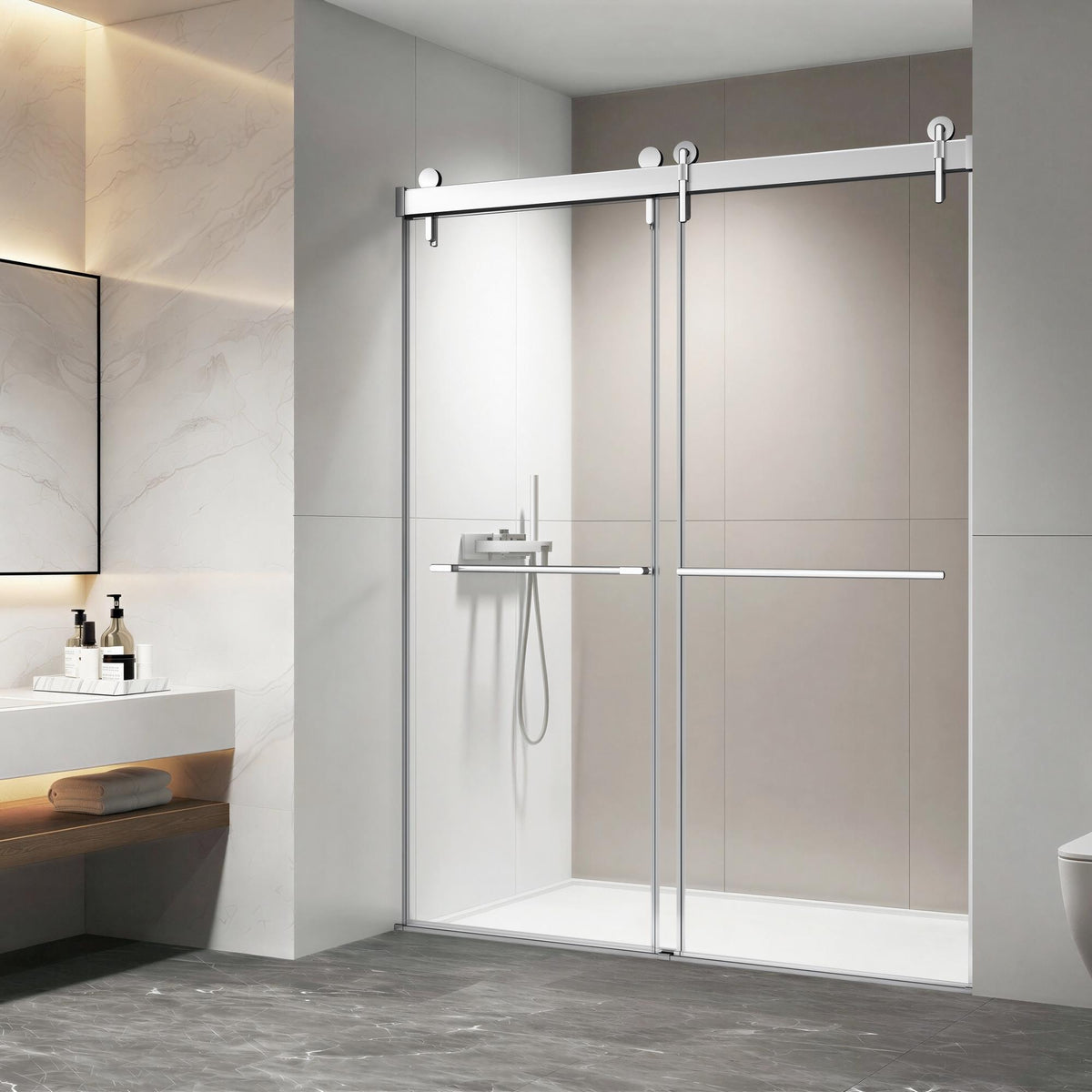57-60*78 INCH Frameless Double Sliding Shower Door Glass Door,Shower Door, (10mm) Thick SGCC Tempered Glass Door + Aluminum Alloy For Bathroom Door--Sliver