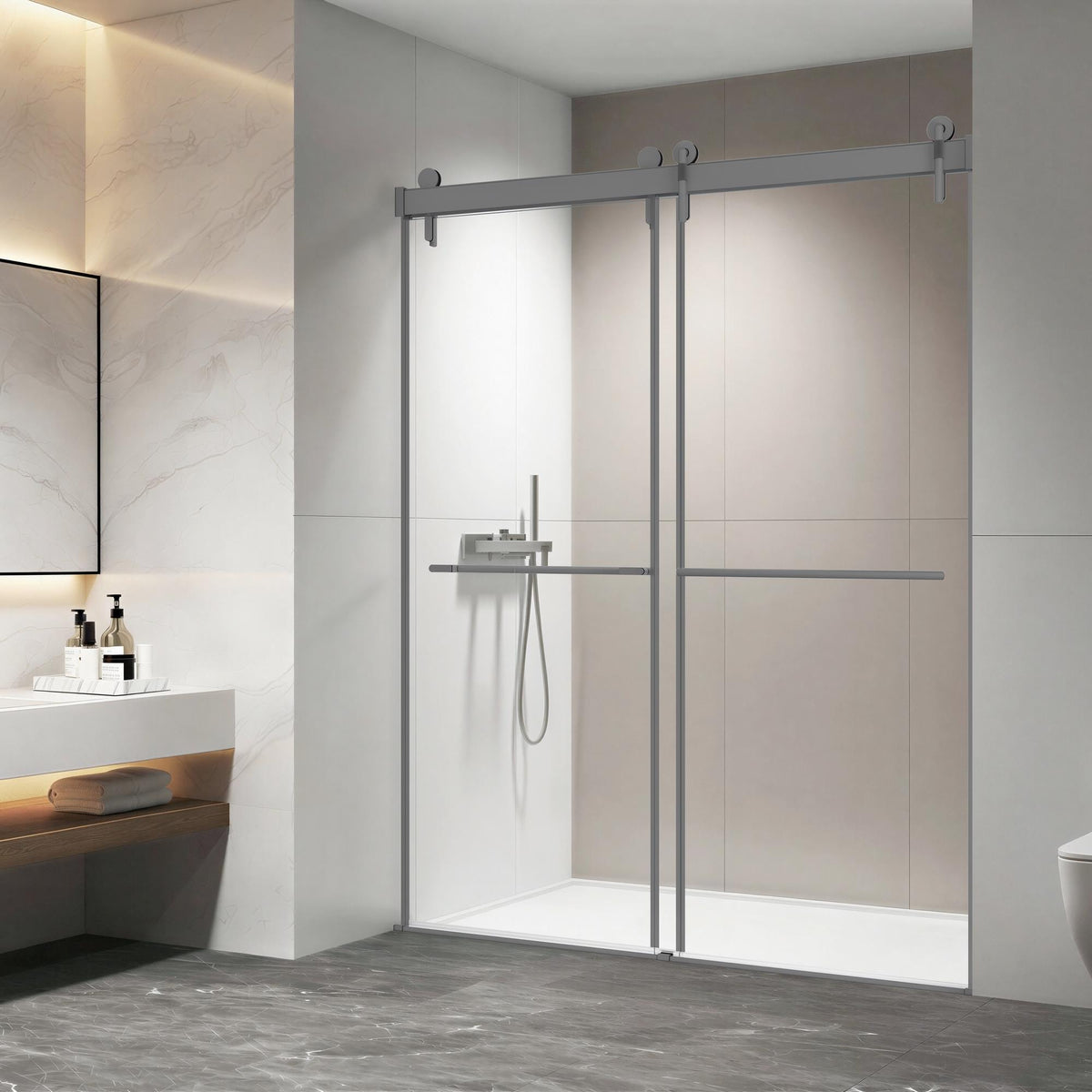 57-60*78 INCH Frameless Double Sliding Shower Door Glass Door,Shower Door ,(10mm) Thick SGCC Tempered Glass Door +Aluminium Alloy For Bathroom Door--Gunmetal