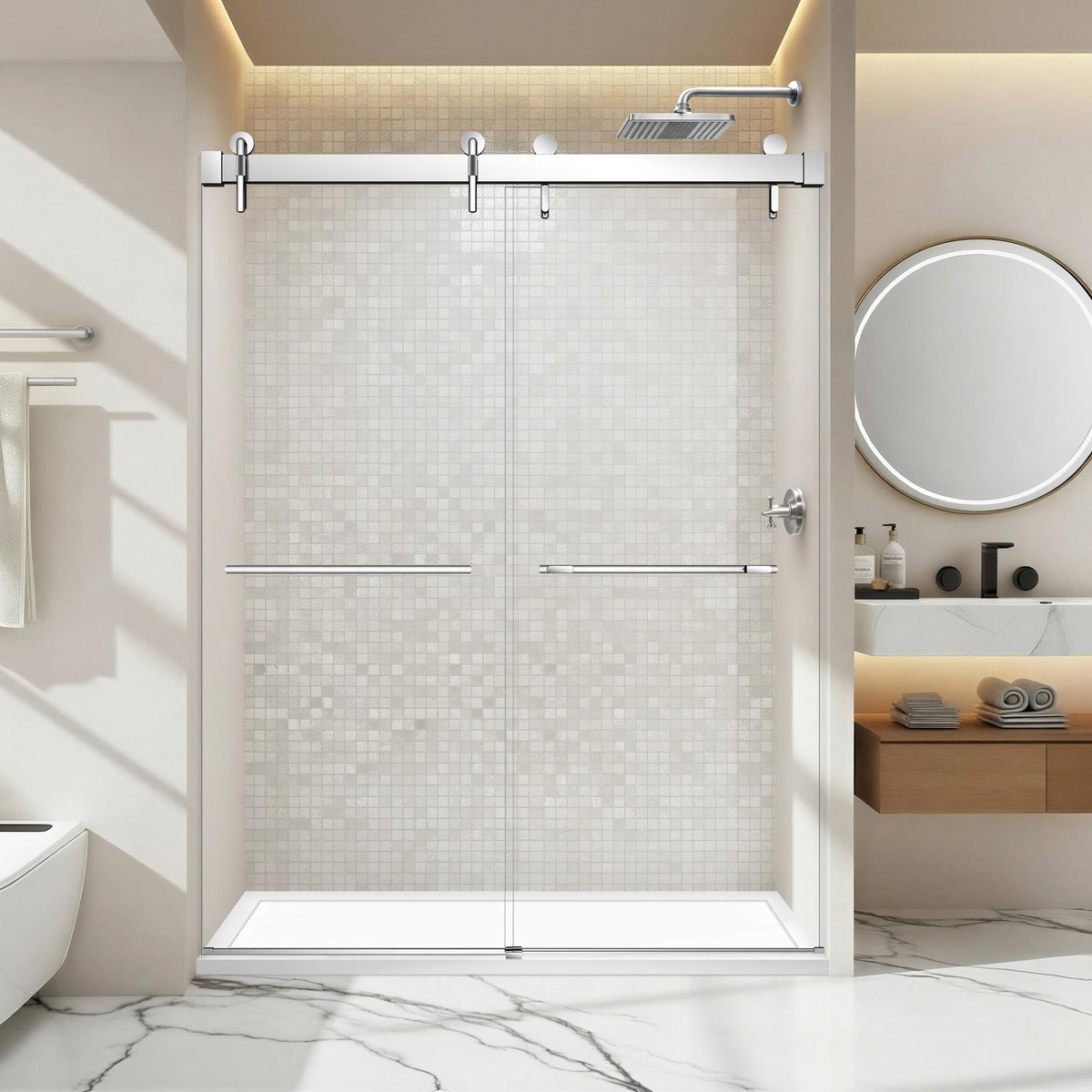 57-60*78 INCH Frameless Double Sliding Shower Door Glass Door,Shower Door, (10mm) Thick SGCC Tempered Glass Door + Aluminum Alloy For Bathroom Door--Sliver