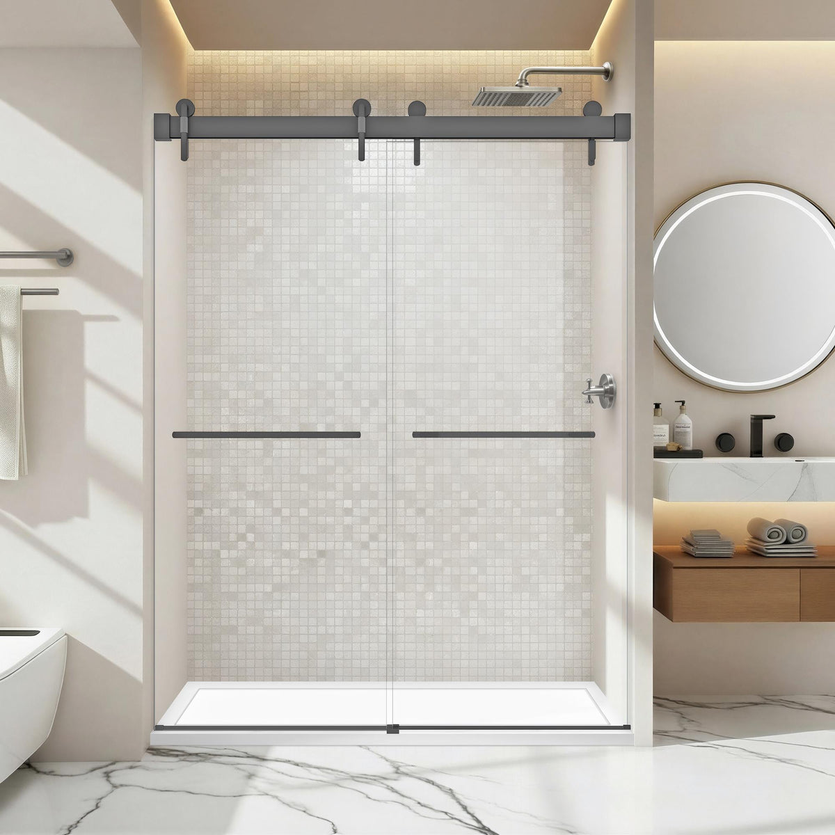 57-60*78 INCH Frameless Double Sliding Shower Door Glass Door,Shower Door ,(10mm) Thick SGCC Tempered Glass Door +Aluminium Alloy For Bathroom Door--Gunmetal
