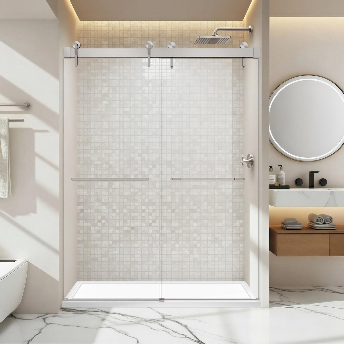 57-60*78 INCH Frameless Double Sliding Shower Door Glass Door,Shower Door ,(10mm) Thick SGCC Tempered Glass Door + Aluminium Alloy For Bathroom Door--FOR Brushed Nickel Metal