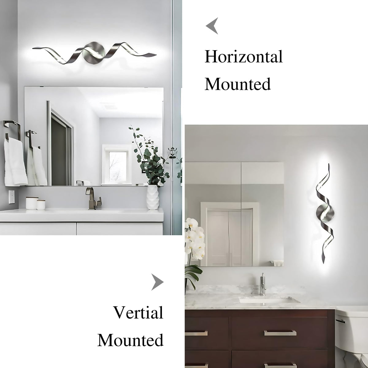 Modern LED Bathroom Vanity Lights, 24inch Black Bathroom Lighting Fixture Over Mirror 15W Spiral Design LED Wall Light Fixtures--SN
