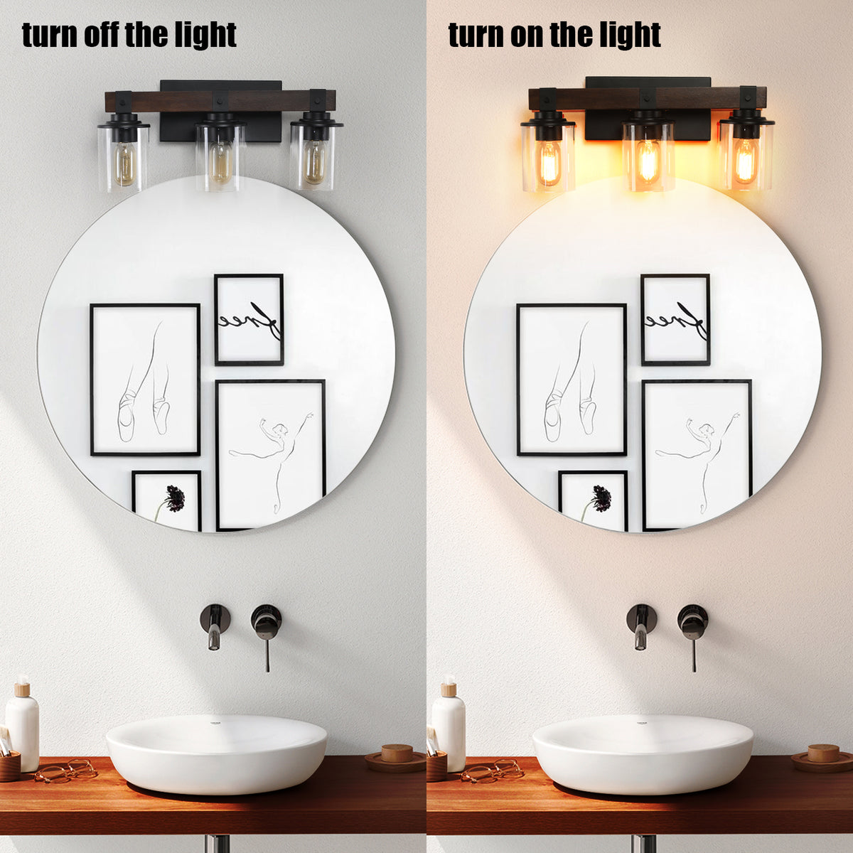 19" Rustic 3-Light Vanity Light, Industrial Bathroom Wall Sconce with Glass Shades and Wood Accent, Modern Farmhouse Lighting Fixture (No Bulbs)