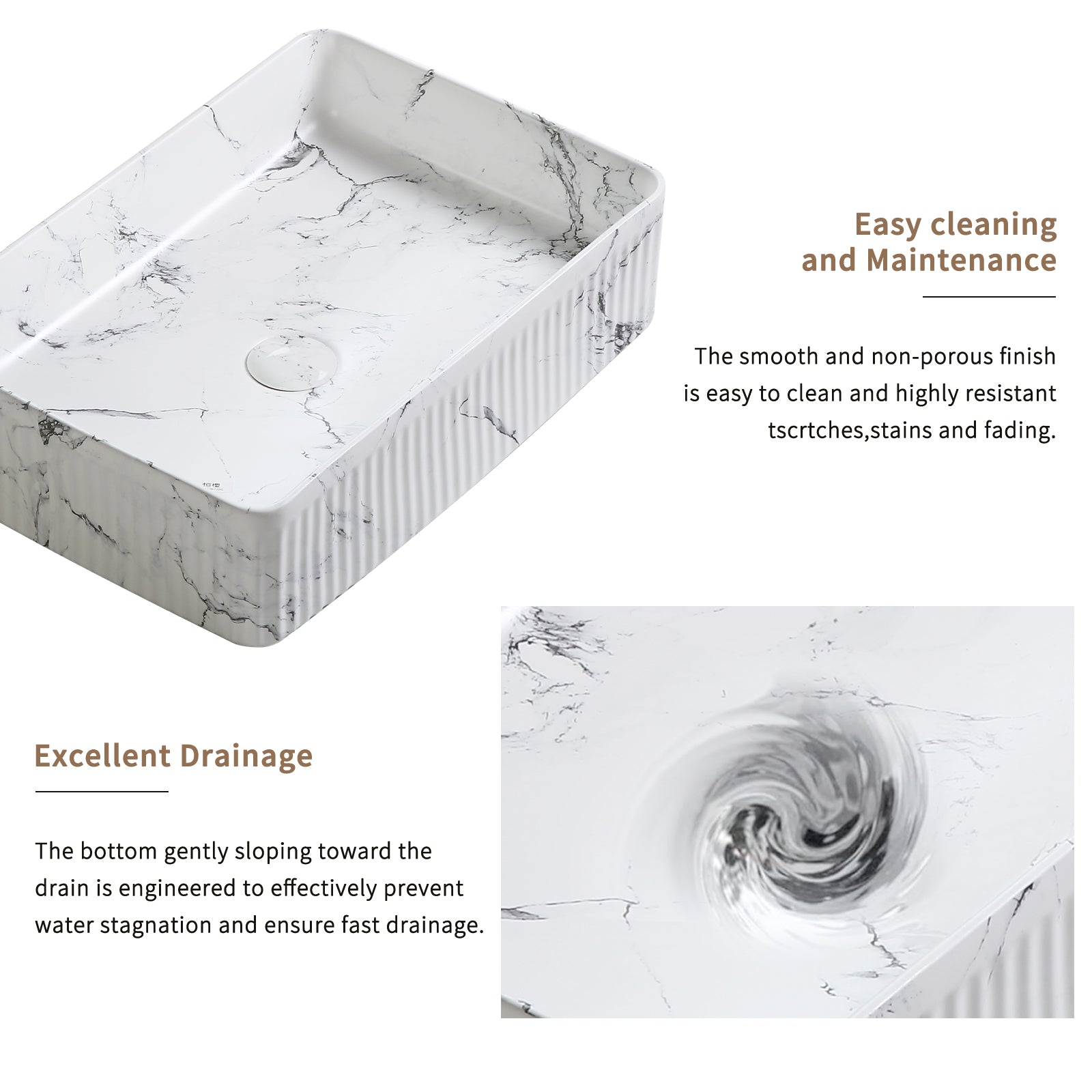 KPUY 20" x 13.5" Vessel Sink Set with Art Faucet | Black & White Marble Ceramic