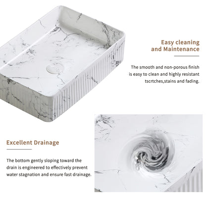 KPUY 20" x 13.5" Vessel Sink Set with Art Faucet | Black & White Marble Ceramic