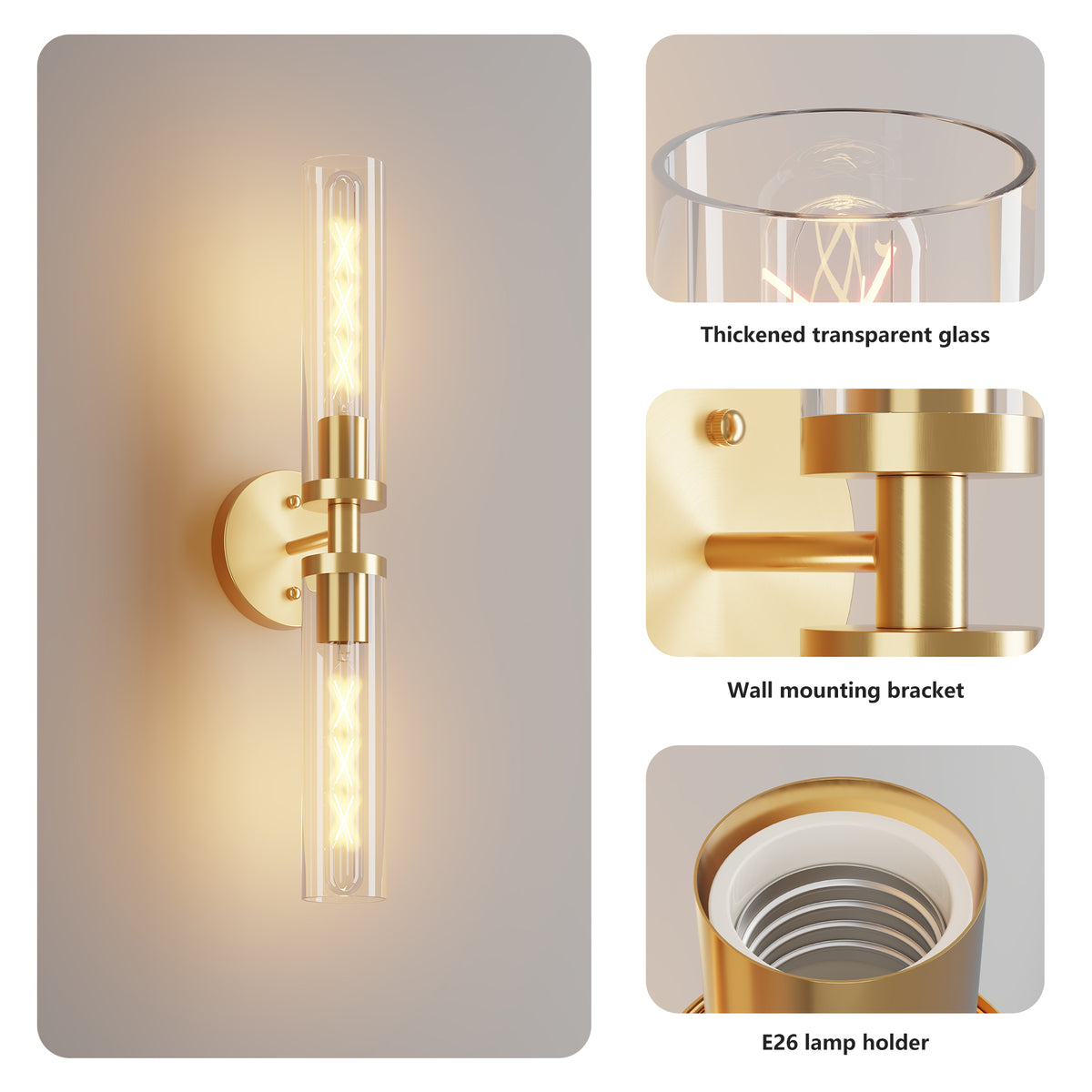 Wall Sconces Set of Two, Hardwired Gold Bathroom Sconces Wall Lighting with Clear Glass, Modern Sconces Wall Decor Set of 2 Wall Light fixtures for Bathroom Mirror Hallway (Bulbs Not Included)