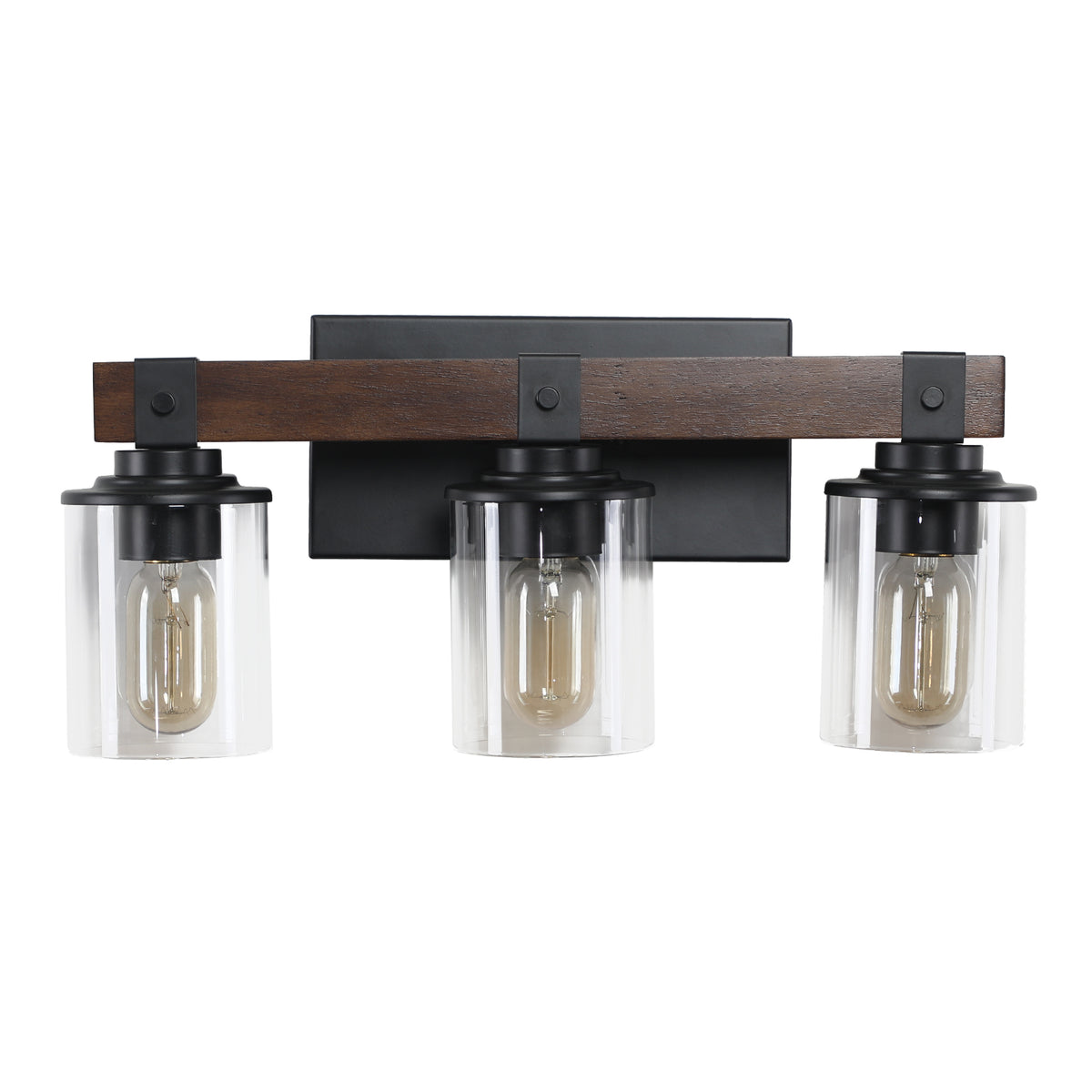 19" Rustic 3-Light Vanity Light, Industrial Bathroom Wall Sconce with Glass Shades and Wood Accent, Modern Farmhouse Lighting Fixture (No Bulbs)