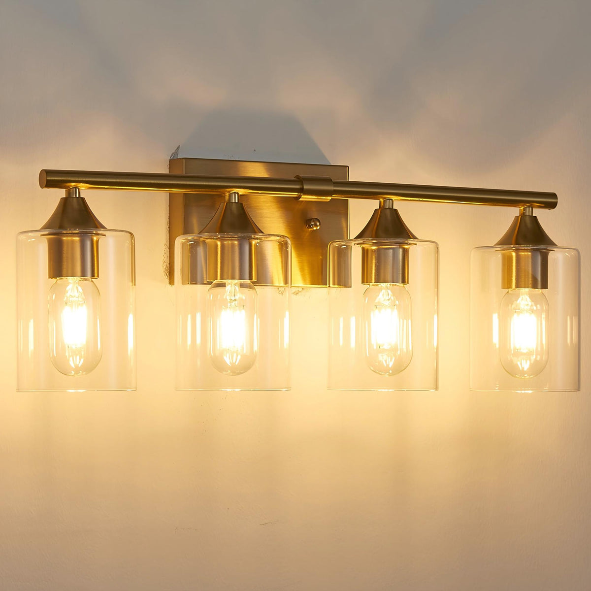4-Light Brushed Gold Bathroom Vanity Light Fixture, Anti-Rust Metal Wall Mount Lamp with Clear Glass Shade, Modern Farmhouse Wall Sconce for Restroom & Dressing Room(No light bulb) (Copy)