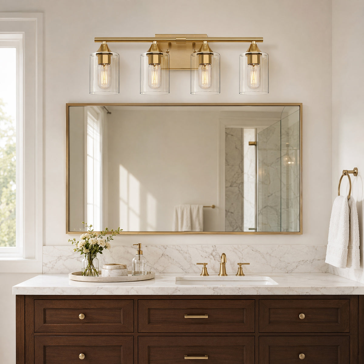 4-Light Brushed Gold Bathroom Vanity Light Fixture, Anti-Rust Metal Wall Mount Lamp with Clear Glass Shade, Modern Farmhouse Wall Sconce for Restroom & Dressing Room(No light bulb) (Copy)