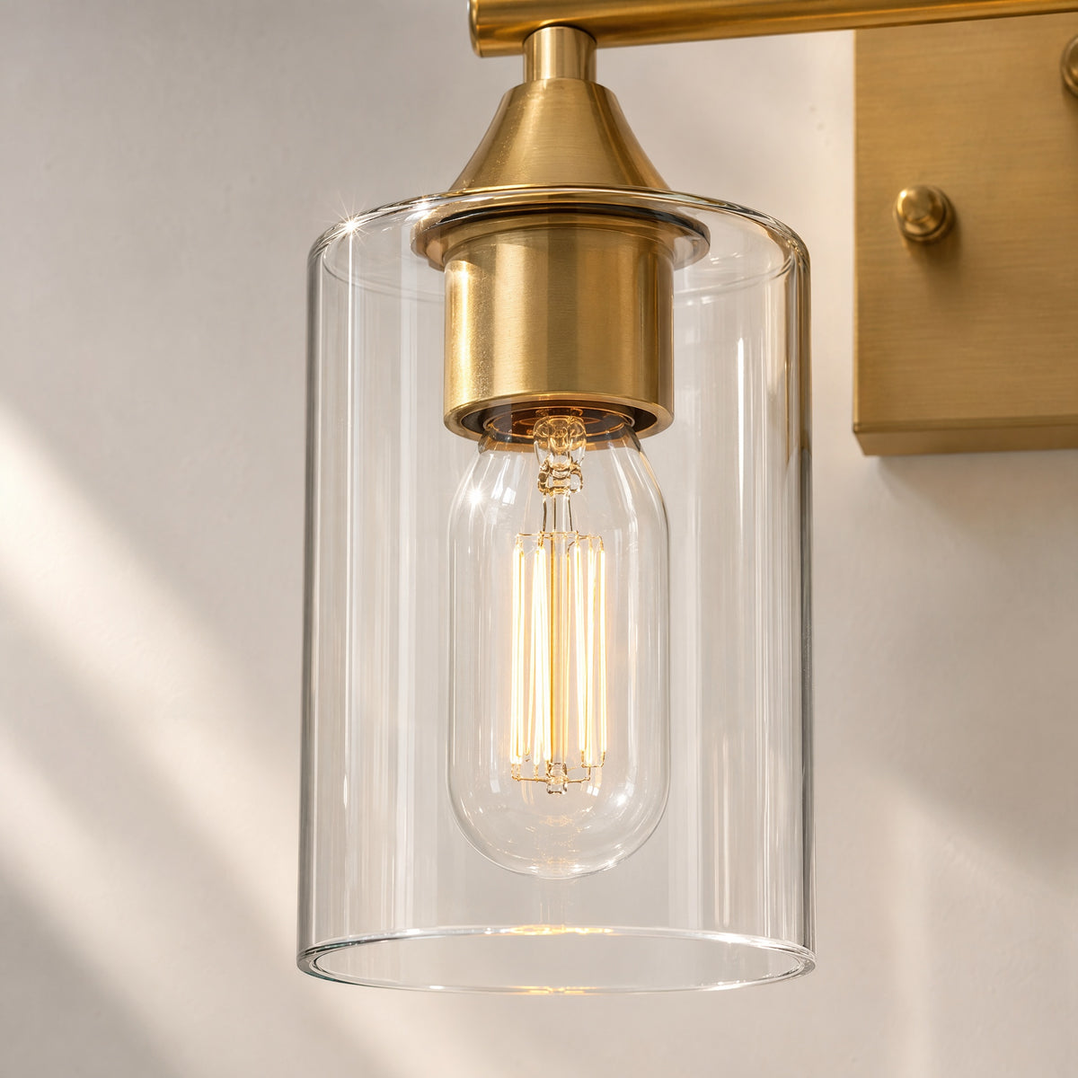 3-Light Brushed Gold Bathroom Vanity Light Fixture, Anti-Rust Metal Wall Mount Lamp with Clear Glass Shade, Modern Farmhouse Wall Sconce for Restroom & Dressing Room(No light bulb)