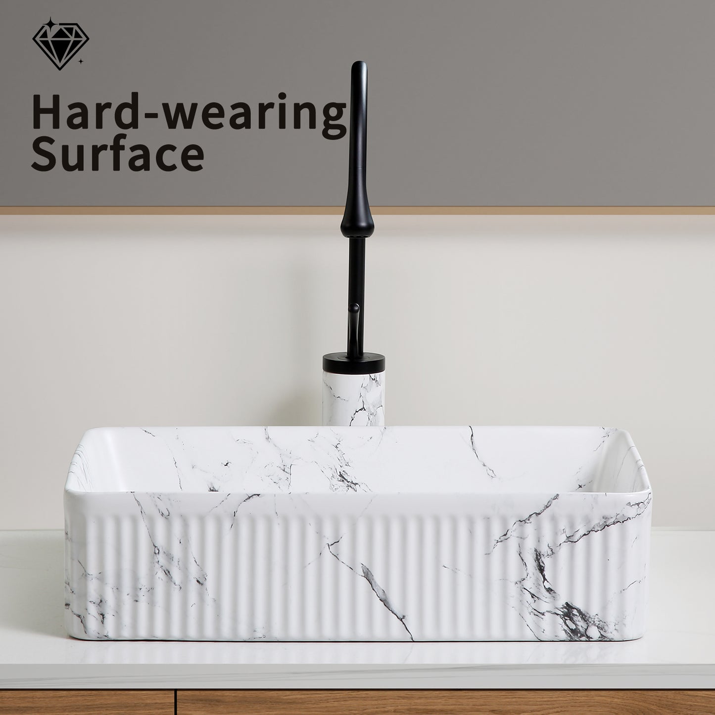 KPUY 20" x 13.5" Vessel Sink Set with Art Faucet | Black & White Marble Ceramic