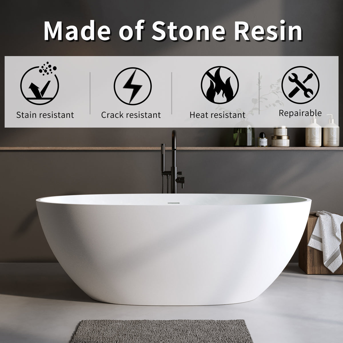 Solid Surface Matte Tub, Solid Surface Soaking Tub, Stone Resin Freestanding Bathtub, Thick Edge Stand Alone Tubs with Overflow, Pop-up Drain, Matte White