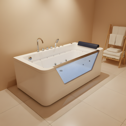 KPUY 67 Inch Whirlpool Bathtub with Glass Panel | 7 Hydro-Massage Jets & LED Lights