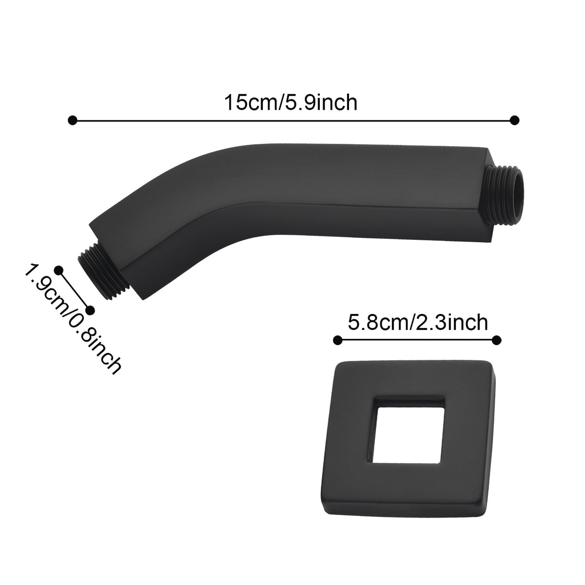 Square Shower Arm with Flange, 1/2 NPT Tapered Threads, Rain Shower Head Arm, Wall Mount Shower Extension Arm