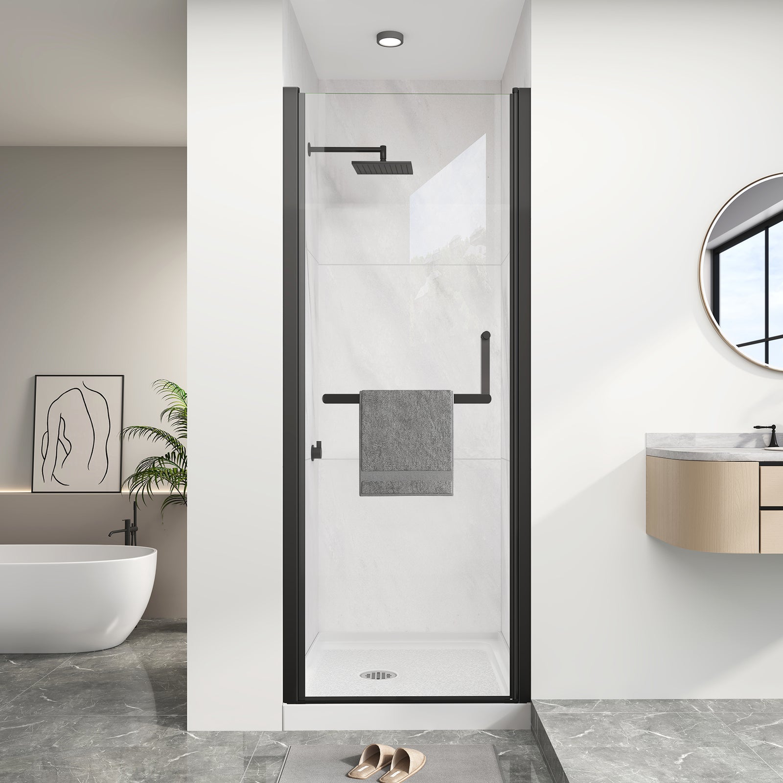 KPUY Frameless Pivot Shower Door, 1/4" Tempered Glass, Matte Black, Multiple Sizes x 72" H