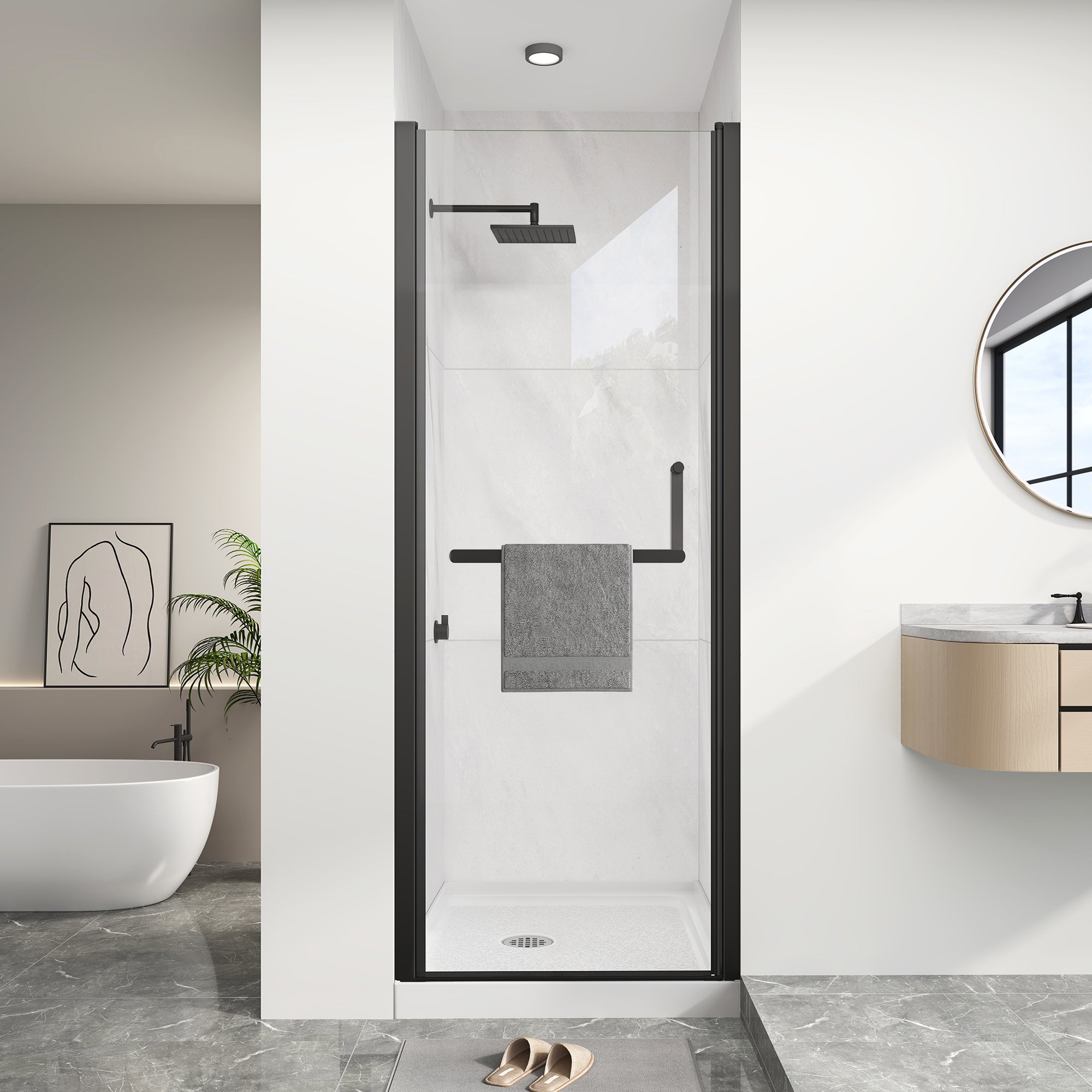 KPUY Frameless Pivot Shower Door, 1/4" Tempered Glass, Matte Black, Multiple Sizes x 72" H