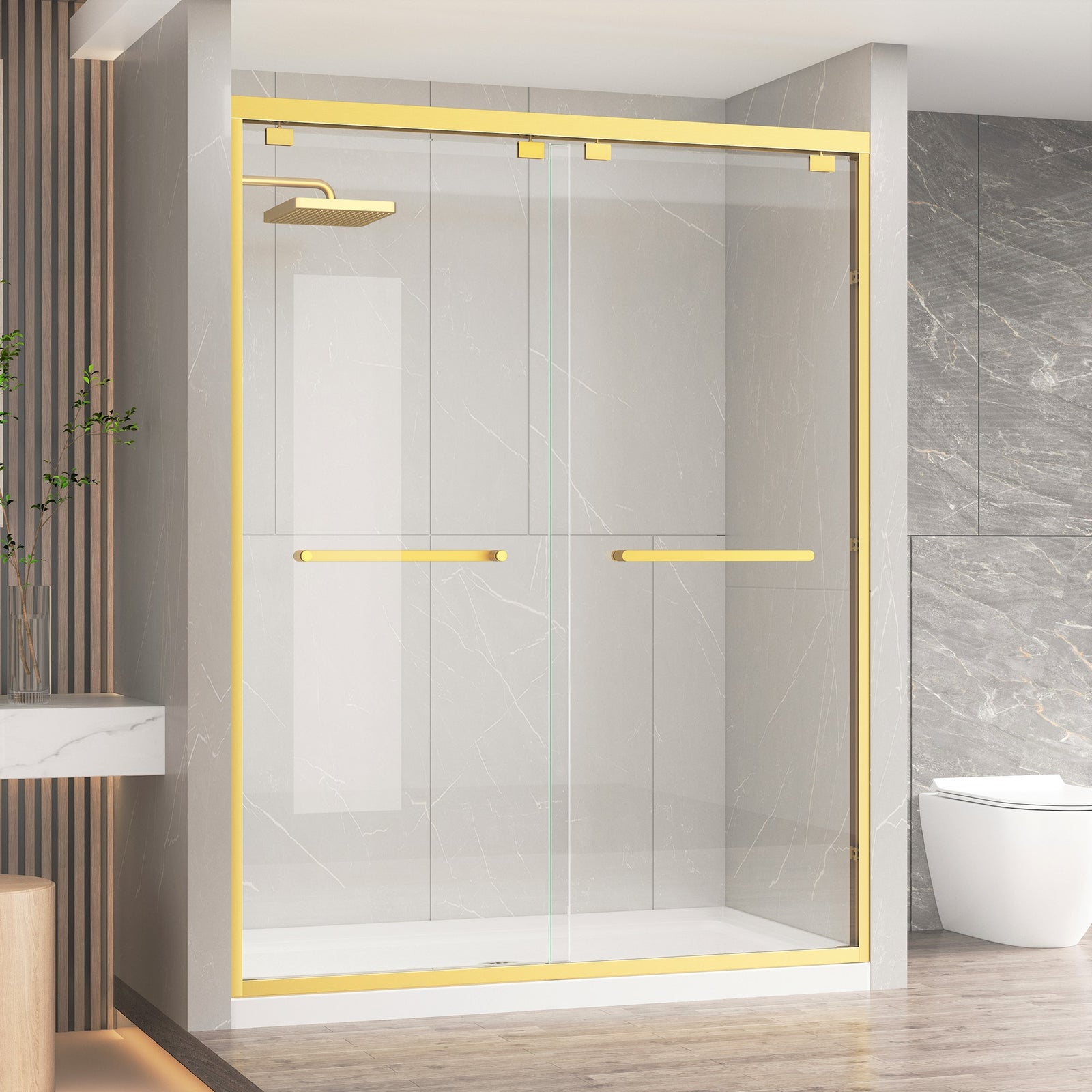 KPUY Double Sliding Glass Shower Door, 76" H, 1/4" Tempered Glass, Brushed Gold