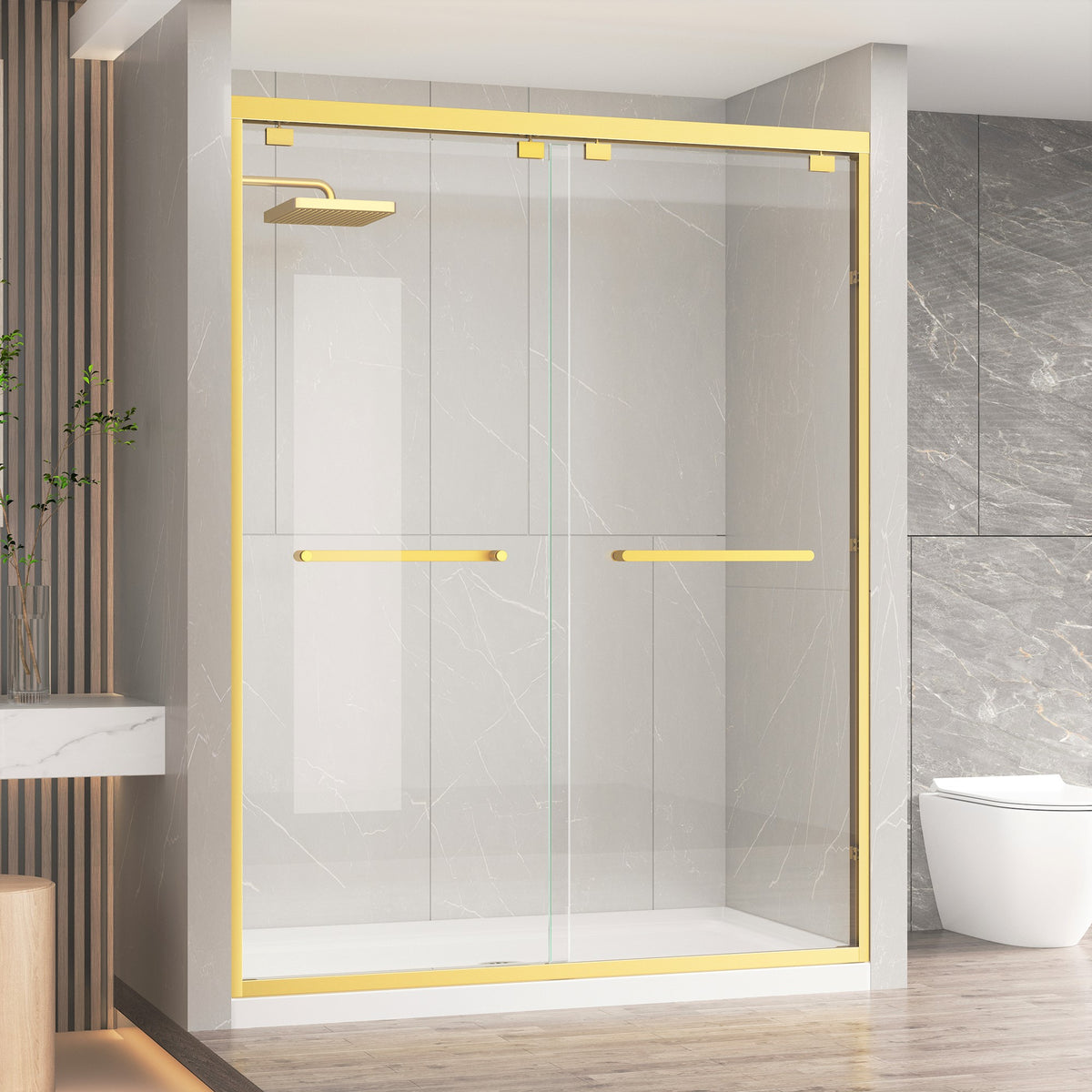 KPUY Double Sliding Glass Shower Door, 76" H, 1/4" Tempered Glass, Brushed Gold
