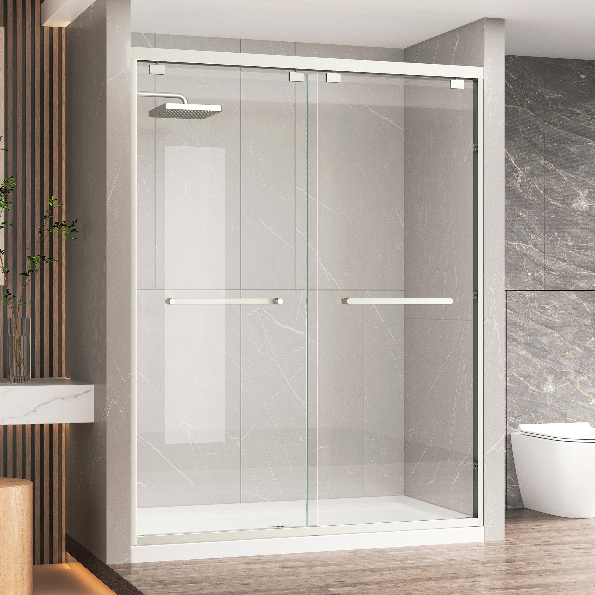KPUY Double Sliding Glass Shower Door, 76" H, 1/4" Tempered Glass, Brushed Nickel