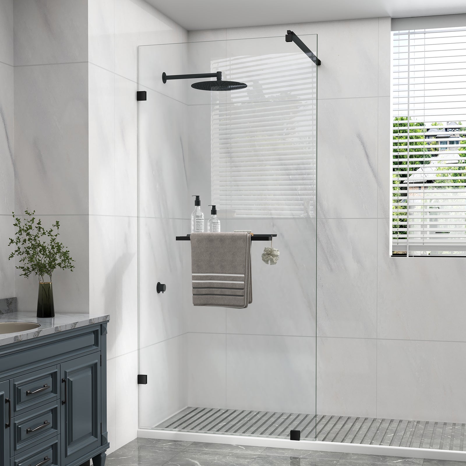 Matte Black Fixed Glass Shower Panel, 36 in. W x 76 in. H, Frameless Shower Screen, Model S97A