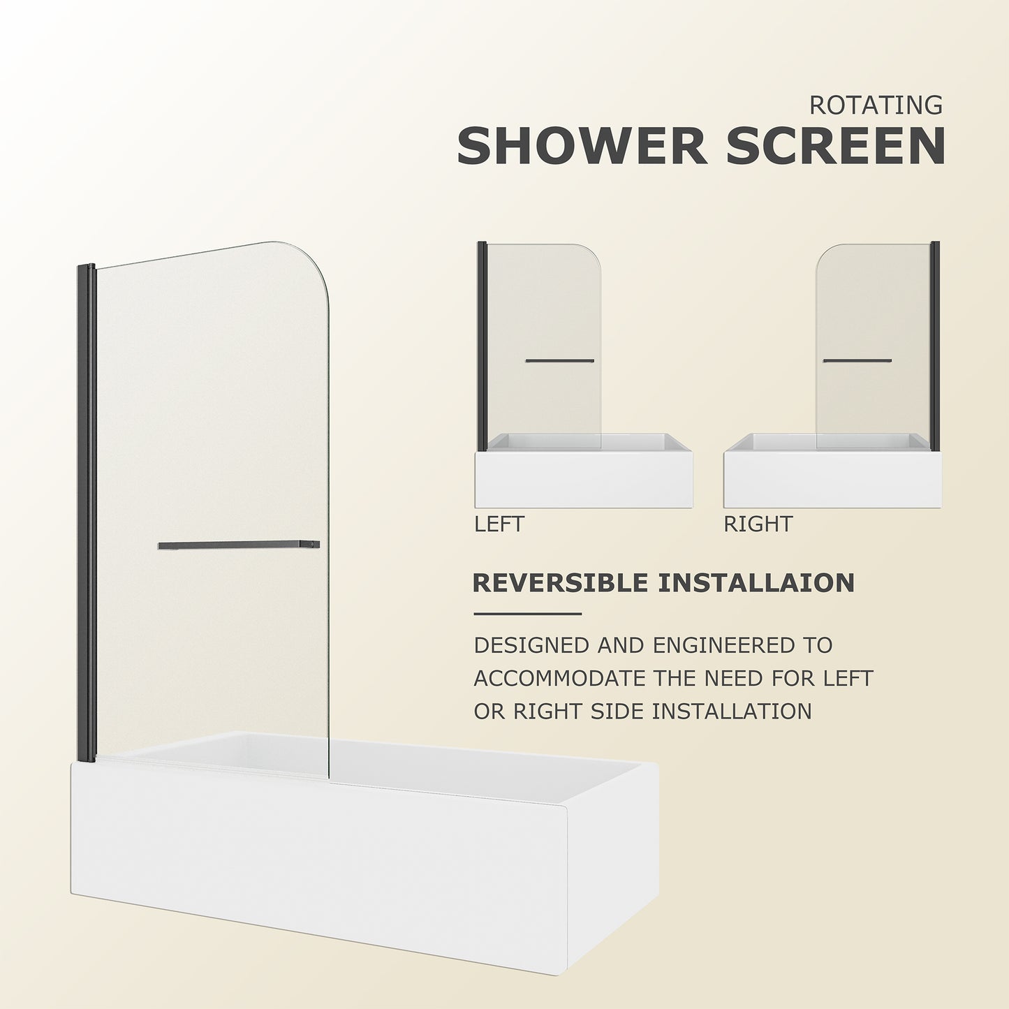 KPUY 32" x 55" Frameless Bathtub Screen | 180° Pivot Shower Door | Reversible
