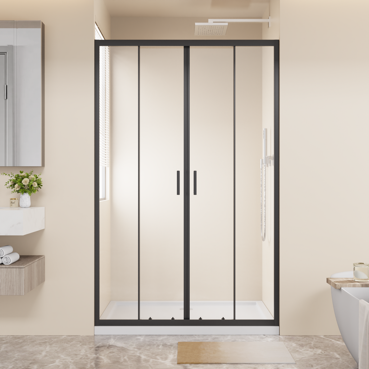 Framed Shower Sliding Door 48"&60"x72", 4-Panel Center Opening Double Sliding Shower Door, 1/4" (6mm) Tempered Glass, Aluminum Frame with Stainless Steel Handles & Smooth Double Rollers, Black