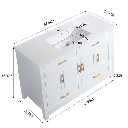 48" White Bathroom Vanity with Ceramic Sink Combo, Abundant Storage Cabinet -4 Soft close doors and 4 drawers